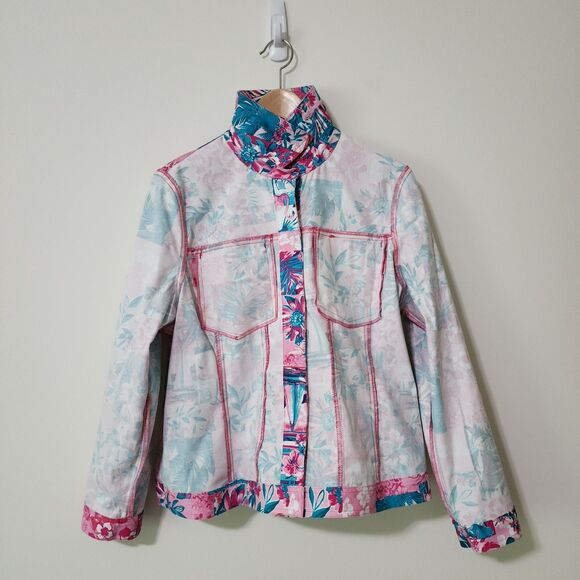 New Drapers & Damons Womens Button-Up Jacket Pink Teal Tropical Cotton-Blend PL - Picture 3 of 7